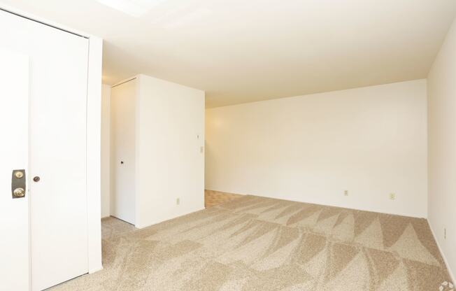 a room with a carpeted floor and a white door