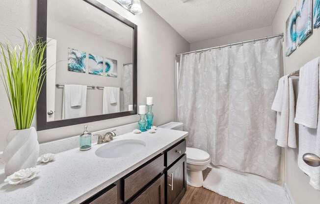 A bathroom with a white countertop and a white sink.