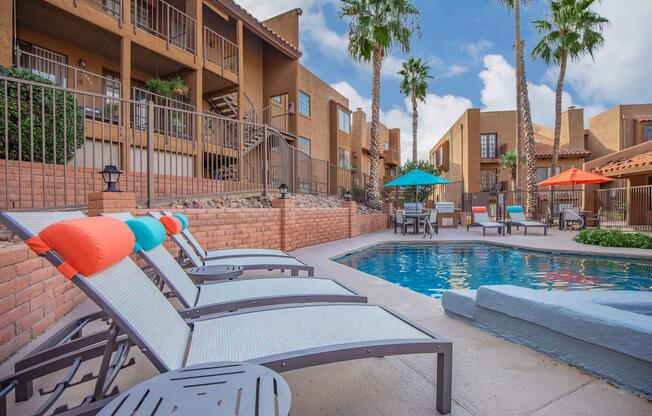 a pool outside of a building