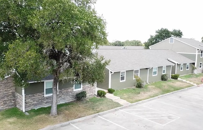 A tree in front of a building with a parking lot in front of it.