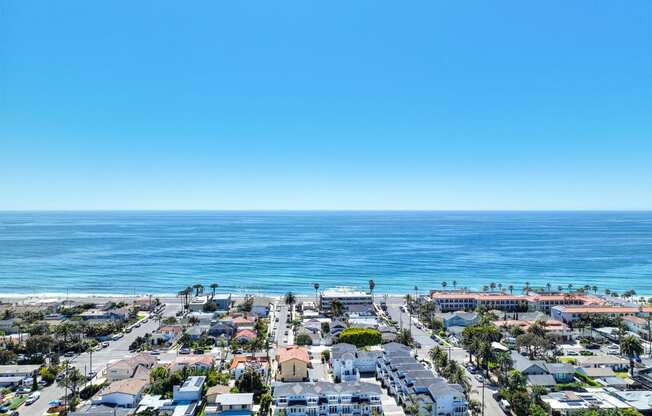 an aerial view of the beach and the ocean