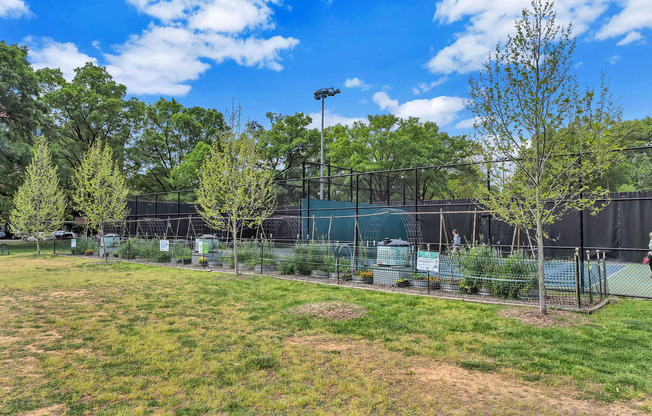 a park with trees and a fence and a tennis court