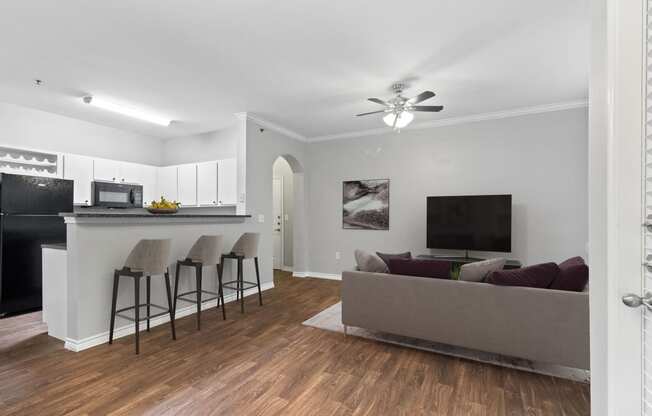 a living room with a couch and a kitchen with a bar and a tv