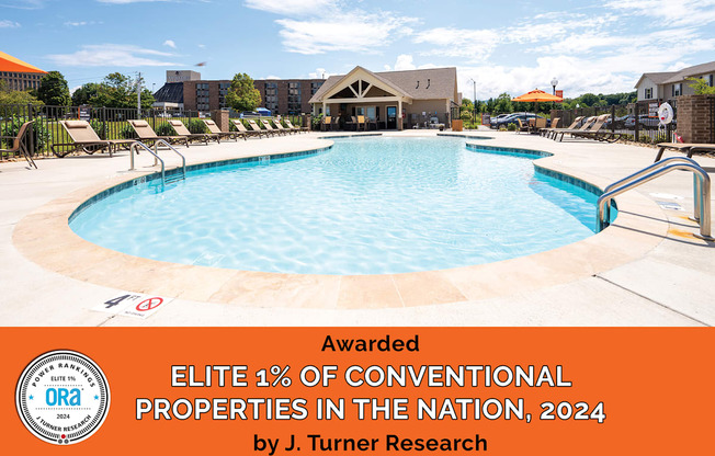A swimming pool with a banner that reads Awarded Elite 1% of Conventional Properties in the Nation, 2024 by J. Turner Research.