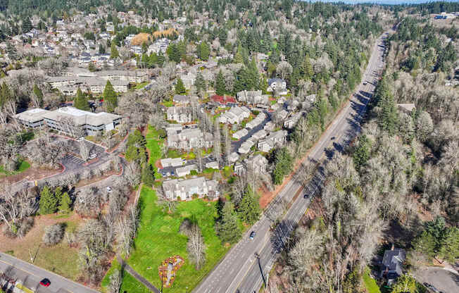A road runs through a residential area with houses on both sides.