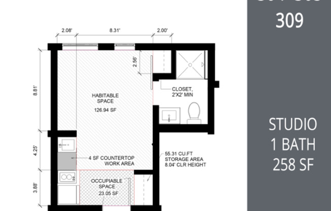 Studio, 1 bath, 256 sqft, $1,025, Unit B07