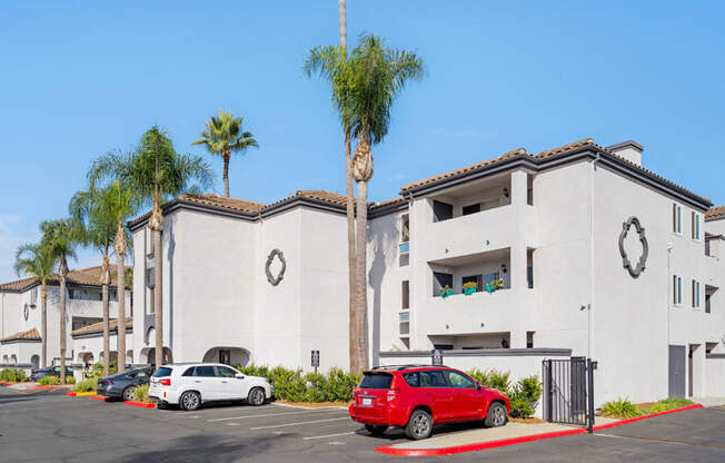 a white building with palm trees and cars parked in a parking lot