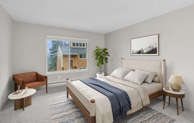 A bedroom with a large bed, a chair, a table, and a window with a view of a house outside.
