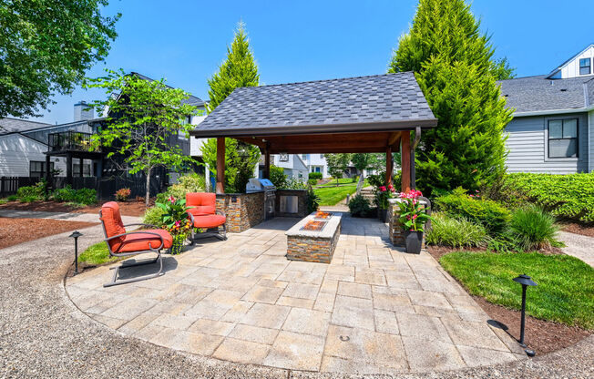 Lake Oswego OR Apartments for Rent - Westlake Meadows - Covered BBQ Area with Firepit, and Two Chairs