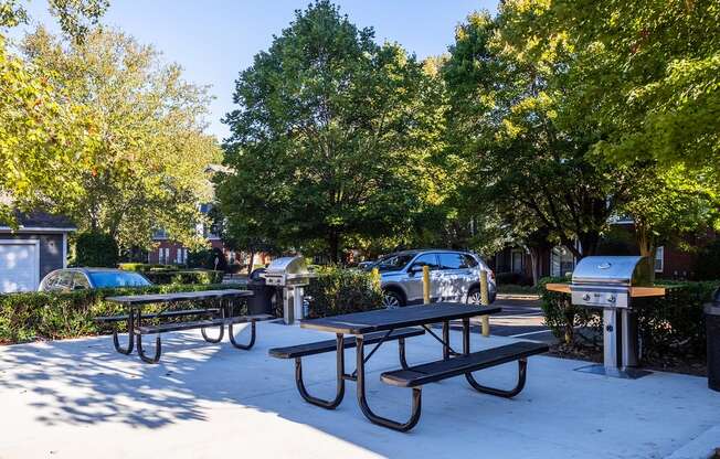 a picnic area with benches and picnic tables