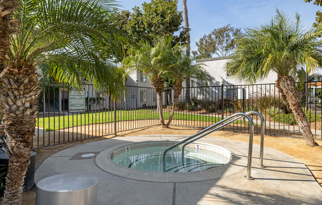 A hot tub sits in the middle of a concrete patio surrounded by palm trees.