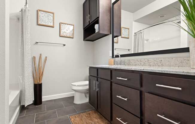 a bathroom with dark cabinets and a white toilet