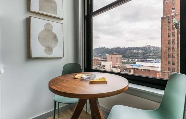 a small table in front of a window with a city view at The Commonwealth Building, Pittsburgh, Pennsylvania