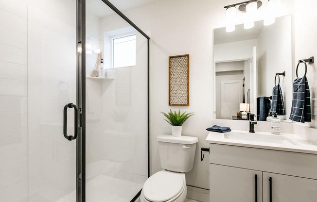 a bathroom with a shower and a toilet and a sink