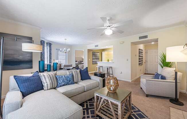 a living room with a couch and a table
