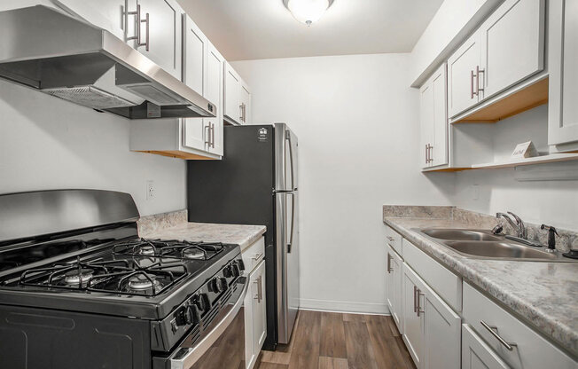 an updated kitchen with stainless steel appliances at Fairlane Apartments in Springfield, MI