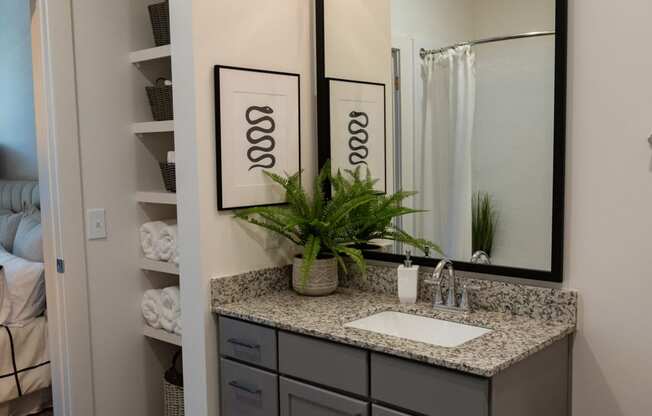 a bathroom with a sink and a mirror and a closet at The Quincy Apartments, Acworth, GA
