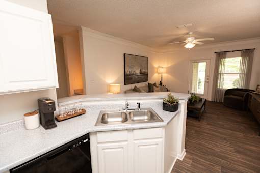A kitchen with white cabinets and a black dishwasher.