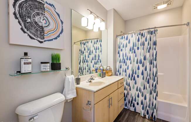 a bathroom with a toilet sink and shower with a shower curtain and a painting on the wall