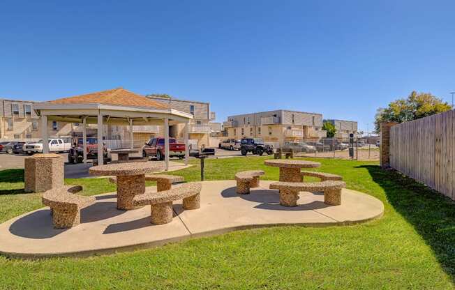 A park with a pavilion and picnic tables.