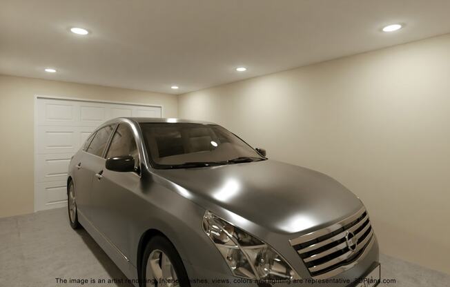 a silver car parked in a garage