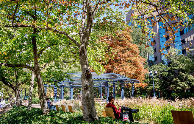 a person sitting on a bench in a park at The Acadia at Metropolitan Park, Arlington, VA, 22202