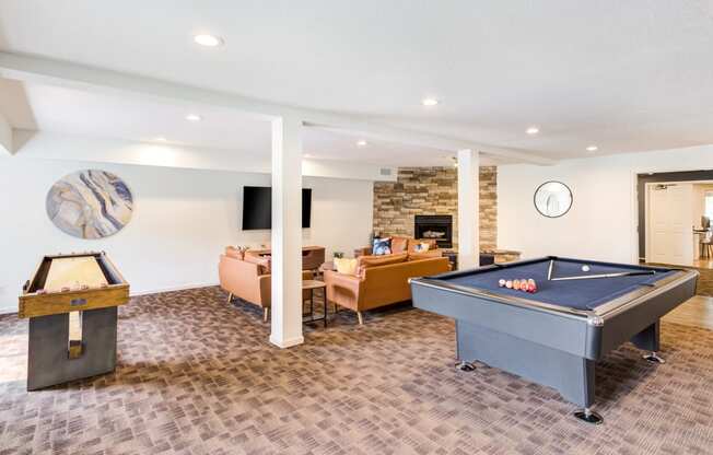 a game room with a pool table and a tv