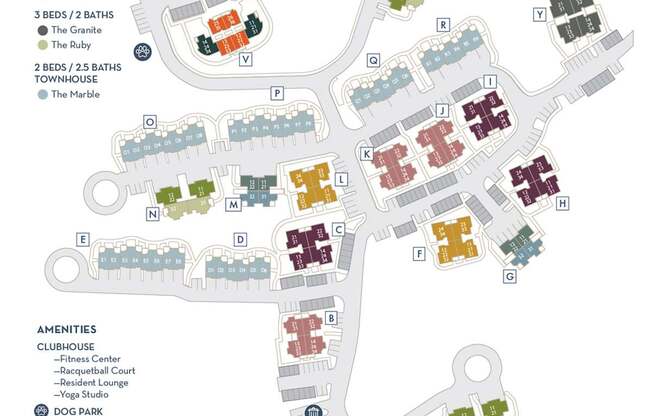 A map of Boulder Creek Apartments showing the layout of the apartments and amenities.