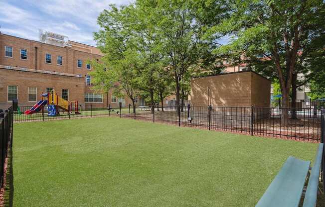 A playground with a green slide and a red slide.