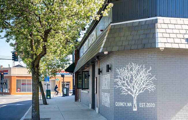A tree is in front of a building with a sign that says Quincy, MA established 2020.