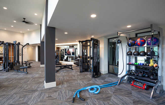 A gym with a variety of equipment including a rowing machine.