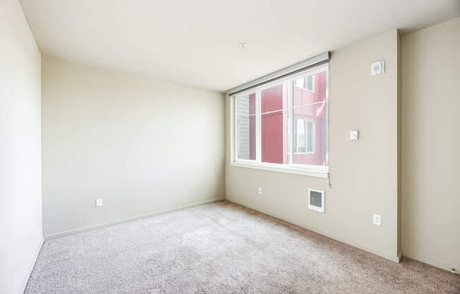 A room with a window and a carpeted floor.