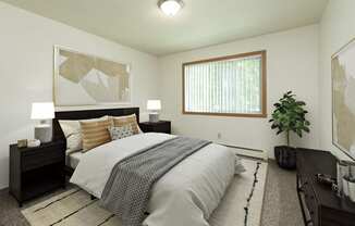 Fargo, ND Islander Apartments. A bedrooom with dark wood furnishings such as a bed, night stands, and a dresser. A window brightens the room with natural light