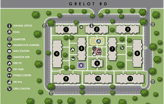 A map of a property with a pool and a fitness center.