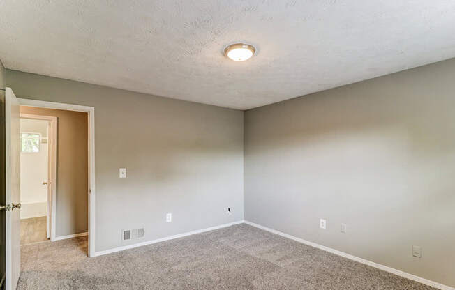 A room with a carpeted floor and a ceiling light.