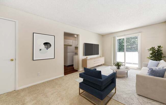 A living room with a blue sofa and a television.