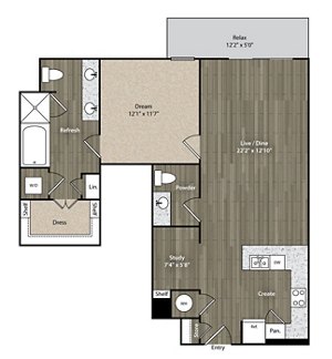 1 bed, 1.5 baths, 1,006 sqft, $2,586