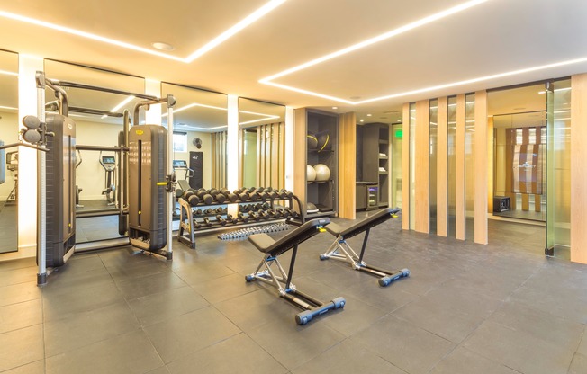 Made for happiness and health, our first-floor wellness center features top-tier mirror technology, Technogym equipment, TRX systems, and private workout spaces all in a spa-like atmosphere