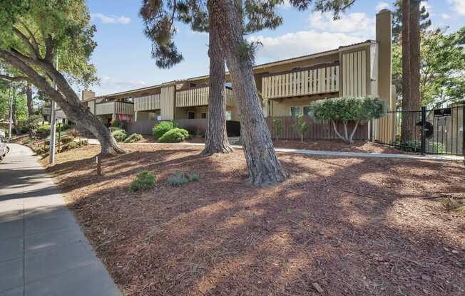 a courtyard with trees and a building in the background at Summerwood Apartments, California