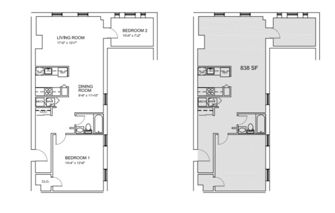 2 beds, 1 bath, 832 sqft, $2,046, Unit B-406