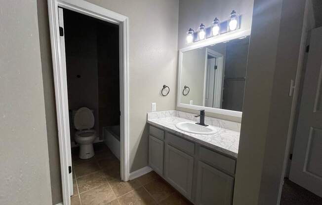 A bathroom with a toilet, sink, and mirror.