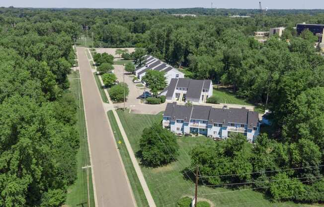 Aerial View Of Lush Green Property Exterior at Raleigh House Apartments, MRD Apartments, Michigan