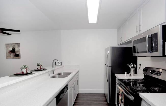 Kitchen area with appliances and cabinetsat Waverly, California