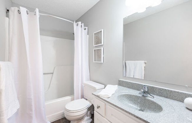 Renovated Bathroom with White Vanity and Grey Countertop