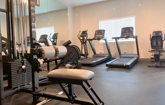 a gym with cardio equipment and mirrors in a building