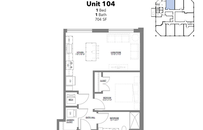 1 bed, 1 bath, 704 sqft, $1,315, Unit 104