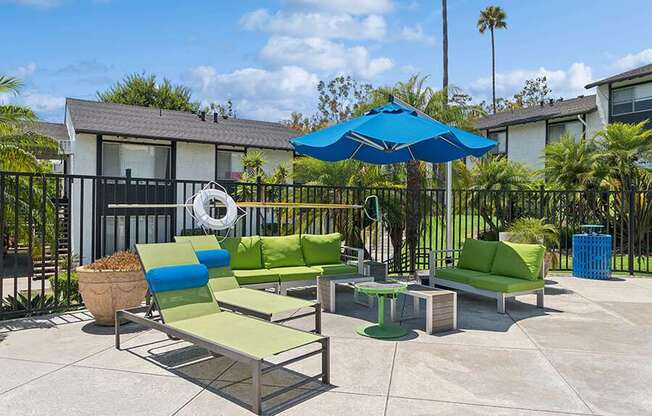 Outdoor Patio with Lounge Furniture at Fullerton Hills Apartments located in Fullerton, CA.