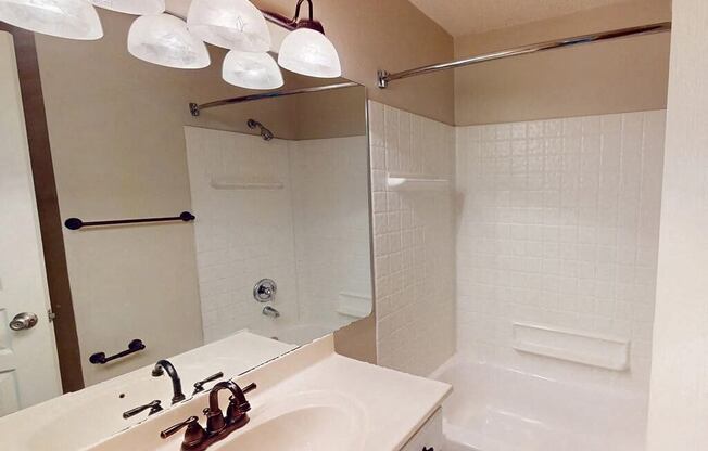 a bathroom with a sink and a shower and a mirror