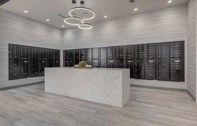 a marble reception desk in a room with a large closet