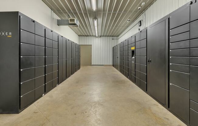 a row of industrial lockers in a storage facility